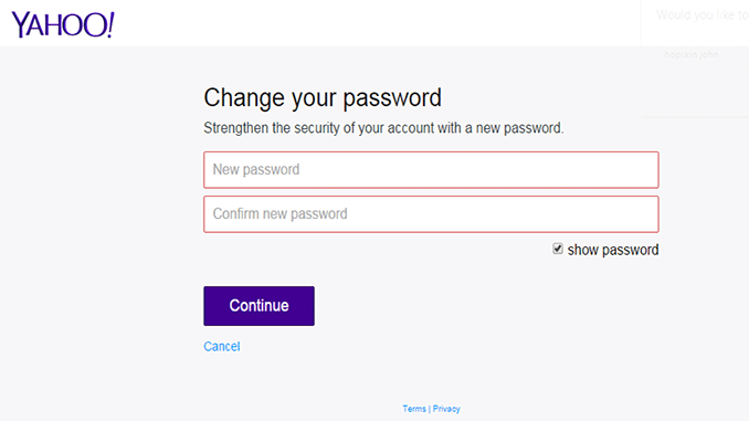 Yahoo mail change password