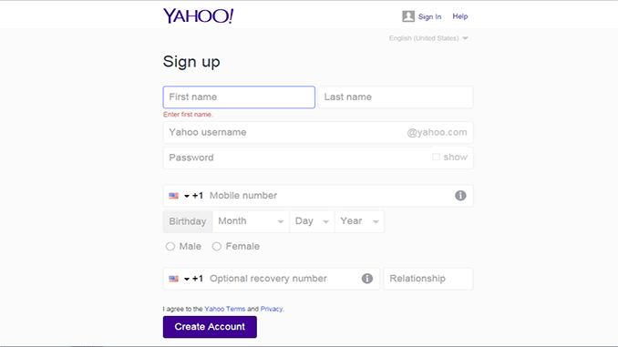 Yahoo Mail create Account